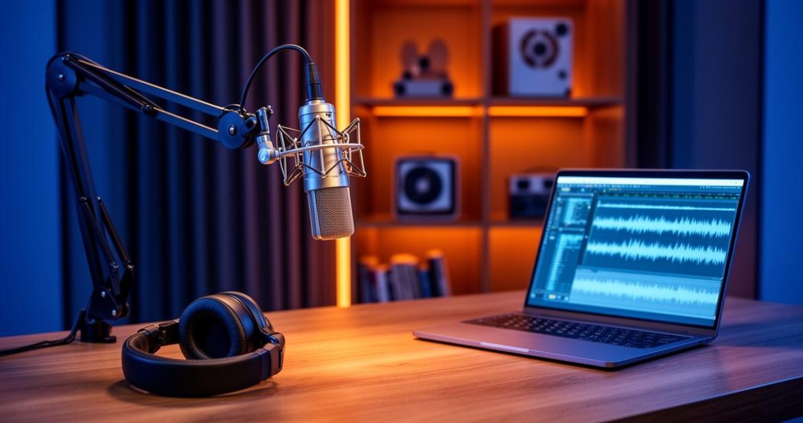 Studio d'enregistrement moderne avec un microphone de podcast professionnel suspendu, un casque audio et un ordinateur portable affichant des ondes sonores sur une table en bois.