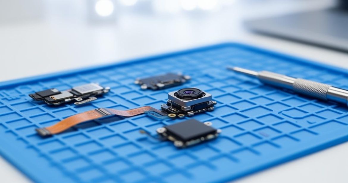 Module caméra et nappe de connexion posés sur un tapis de réparation bleu avec un outil de précision, illustrant une pièce détachée de téléphone prête à être installée.