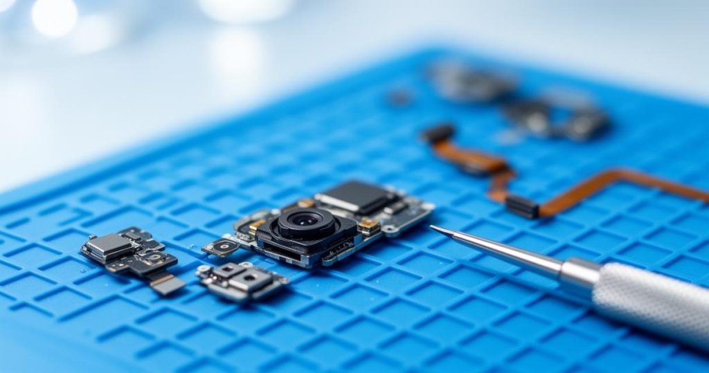 Gros plan sur une caméra et un outil de précision sur un tapis de réparation de téléphone bleu.